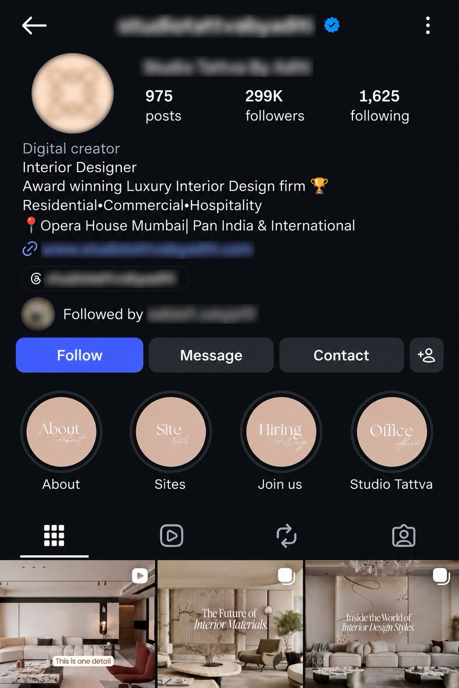 Instagram profile of a Mumbai luxury interior design studio grown to 299K followers with founder-first content by Blue Ocean Digital Media