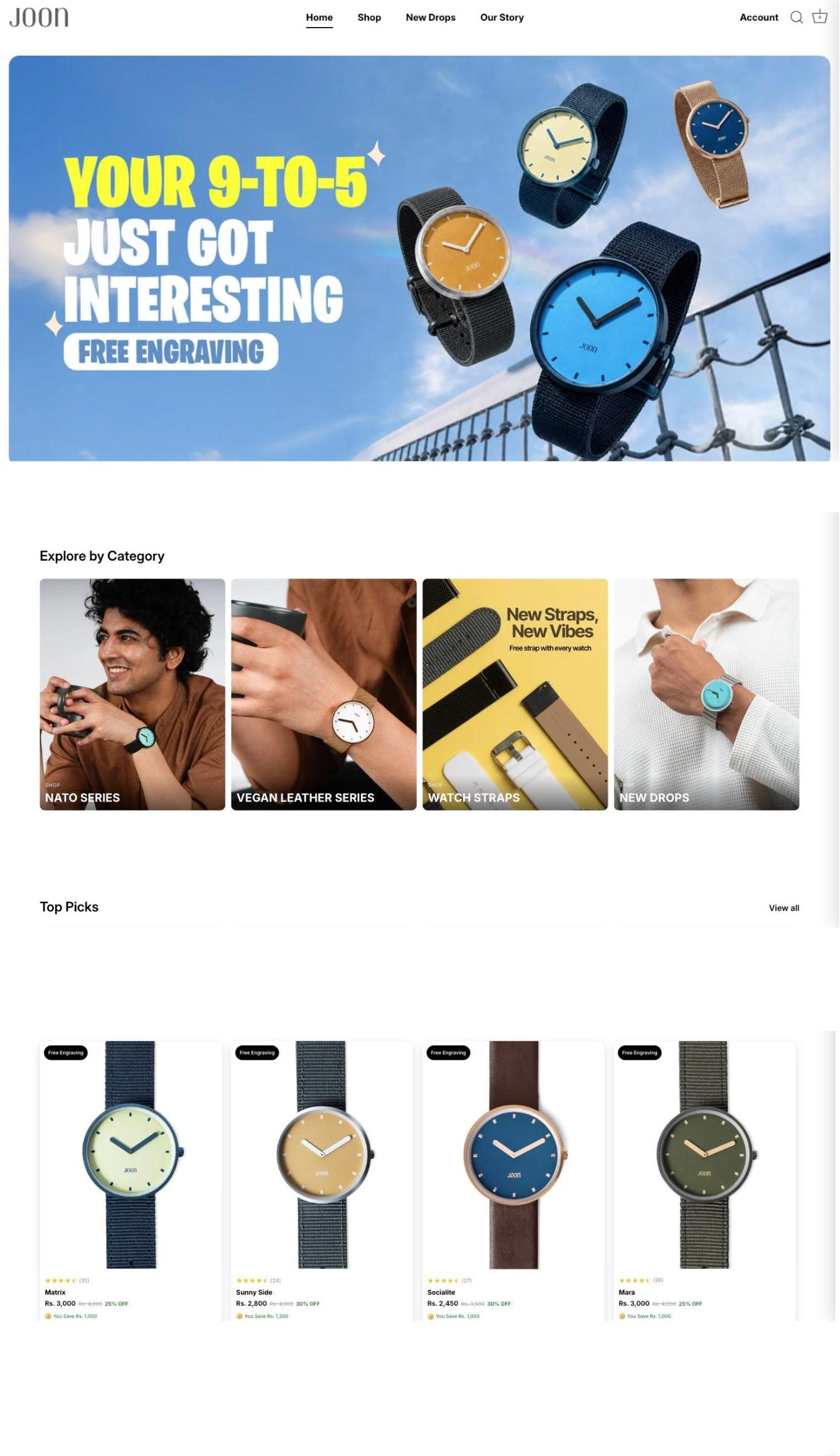 Joon Lifestyle watch e-commerce website designed and built by Blue Ocean Digital Media, a Mumbai web design and performance marketing agency
