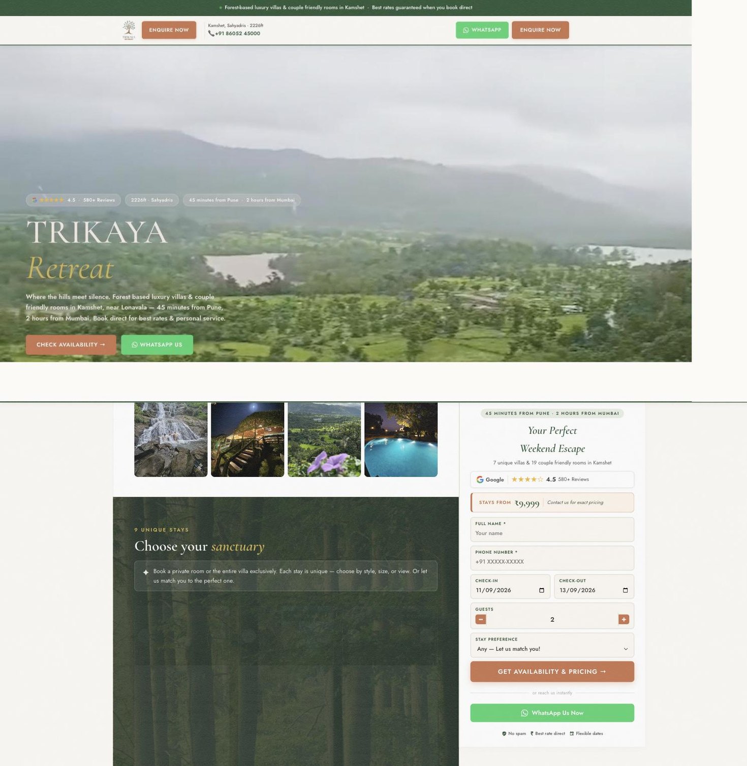 Trikaya Retreat conversion landing page designed and built by Blue Ocean Digital Media for a Kamshet luxury villa stay