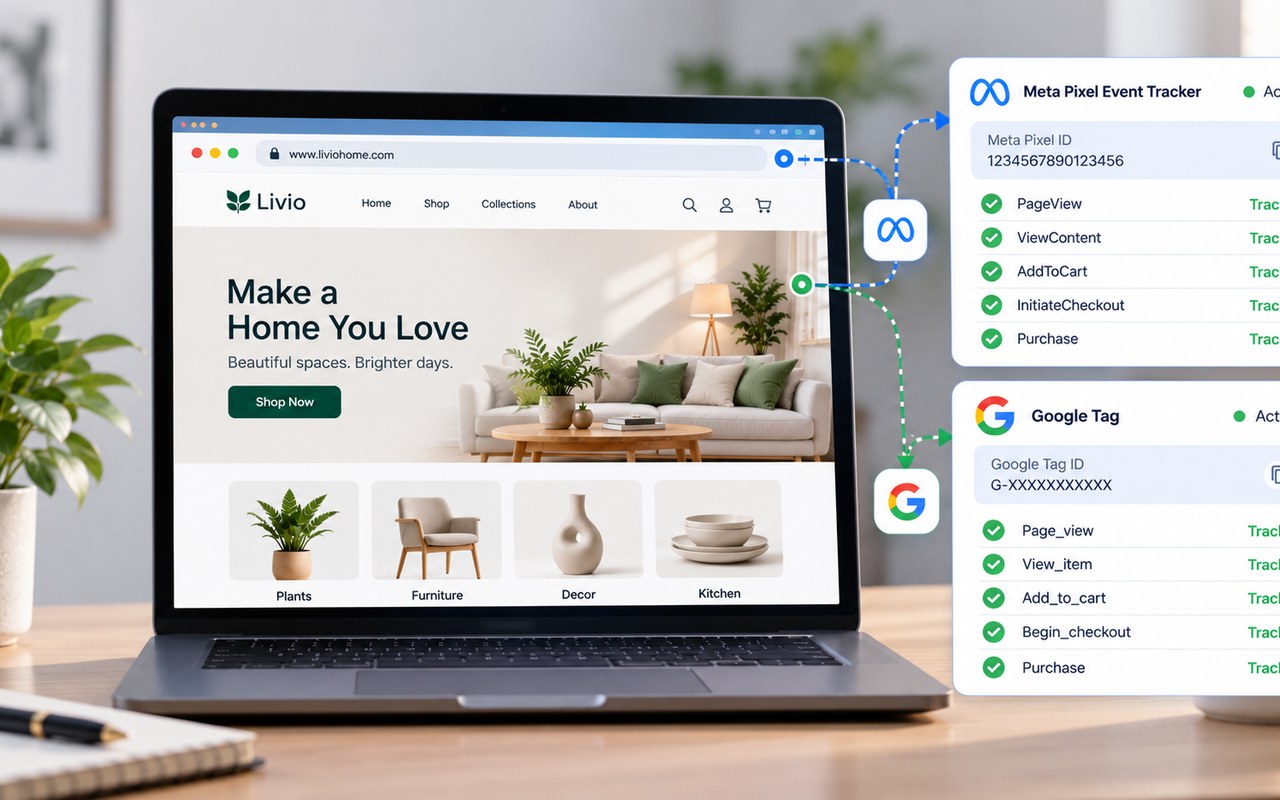 Meta Pixel and Google Tag conversion tracking setup verifying PageView, AddToCart and Purchase events, configured by Blue Ocean Digital Media