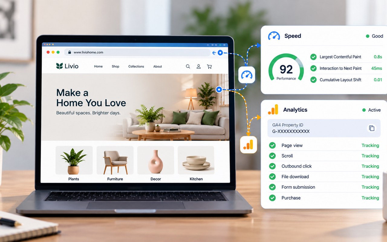 Site speed score of 92 with strong Core Web Vitals plus GA4 analytics event tracking, set up by Blue Ocean Digital Media